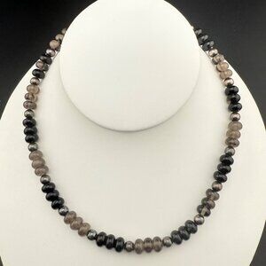 Glass Bead Sterling Silver Necklace In Black & Smoky Gray With Adjustable Chain‎